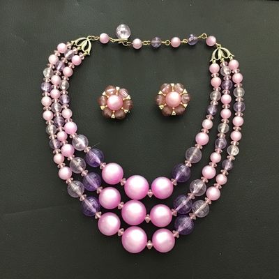 Vintage Purple Tone Moon Stone look Vintage Beaded 3 Strand With Matching Earrings