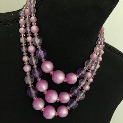 Vintage Purple Tone Moon Stone look Vintage Beaded 3 Strand With Matching Earrings