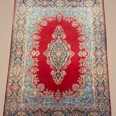 Vibrant red traditional area rug with ornate central medallion and blue accents