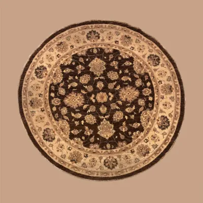 Round black and ivory traditional rug with elegant floral medallion