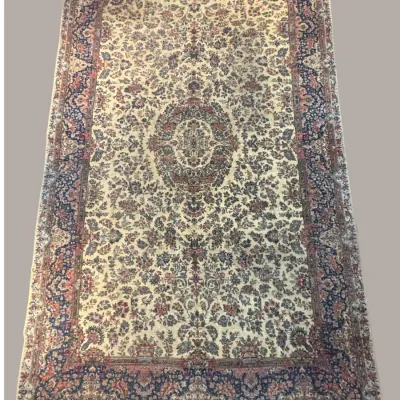 Ivory traditional area rug with dense floral pattern and dark decorative border