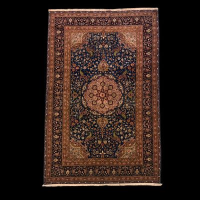 Dark traditional rug with ornate multicolor medallion design