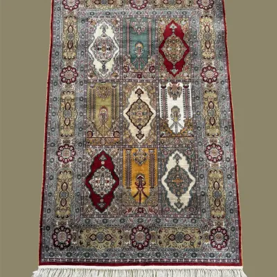 Traditional patterned rug with soft blue and neutral tones