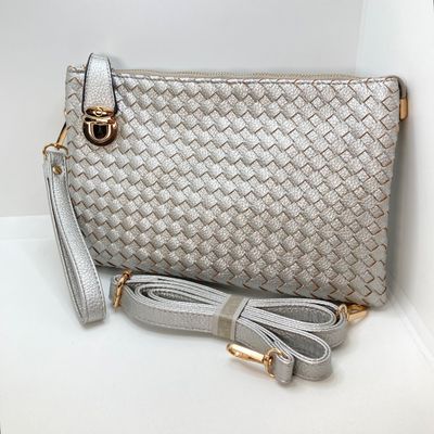 LOT 117: Silver Woven Faux Leather Clutch / Crossbody Bag with Wrist Strap