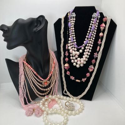 LOT 26: Vintage Faux Pearls, Pink Beaded Jewelry and More