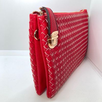 LOT 118: Red Woven Faux Leather Clutch / Crossbody Bag with Wrist Strap