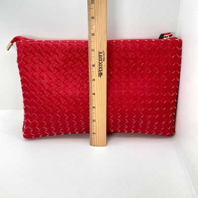 LOT 118: Red Woven Faux Leather Clutch / Crossbody Bag with Wrist Strap