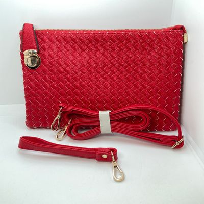 LOT 118: Red Woven Faux Leather Clutch / Crossbody Bag with Wrist Strap