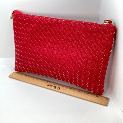 LOT 118: Red Woven Faux Leather Clutch / Crossbody Bag with Wrist Strap