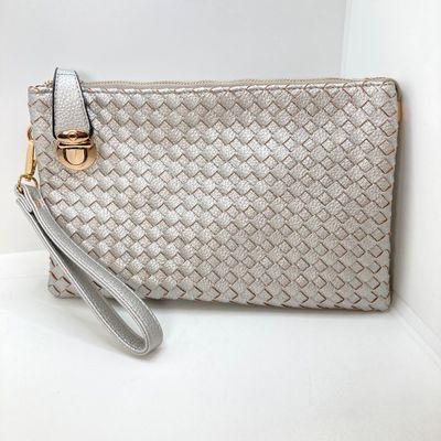 LOT 117: Silver Woven Faux Leather Clutch / Crossbody Bag with Wrist Strap