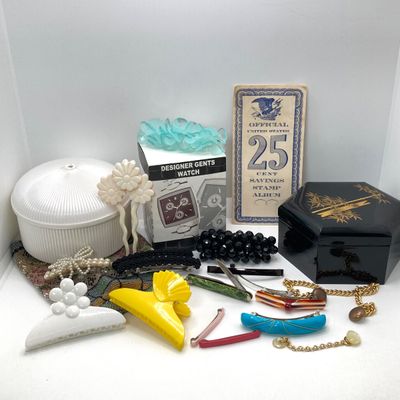 LOT 29: Vintage This and That - Designer Watch in Original Box, Black Lacquer Trinket Boxes, Savings Stamp Album, Hair Barettes, Beaded...