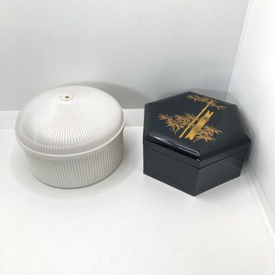LOT 29: Vintage This and That - Designer Watch in Original Box, Black Lacquer Trinket Boxes, Savings Stamp Album, Hair Barettes, Beaded...