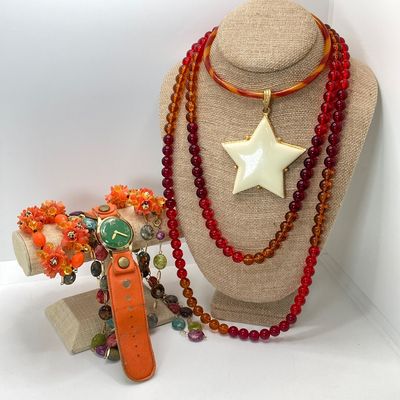 LOT 28: Vintage Lovely Line Green Watch with Orange Band, Statement Star Choker Necklace, Western Germany Graduated Color Beads and More