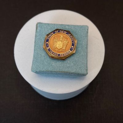 LOT 103: Vintage Jewelry - Gold Filled State of New Jersey 5 Years Service Pin, Stick Pin and Two Rings