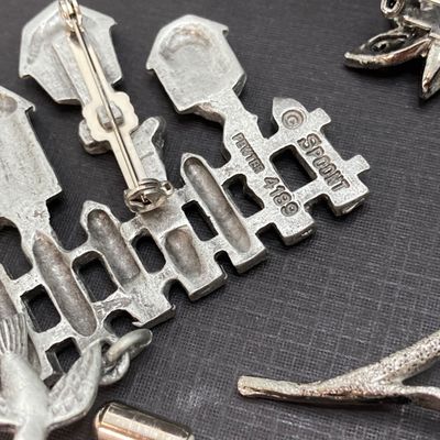 LOT 11: Silver Tone Vintage Brooch / Pin Collection - Dodds 11 West 30th St. Circa 1950's, JJ, Pewter and More