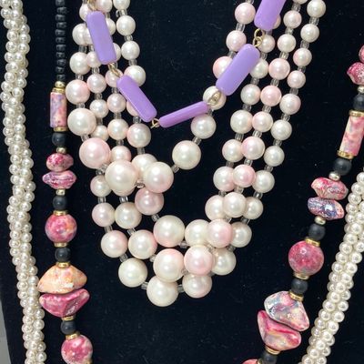 LOT 26: Vintage Faux Pearls, Pink Beaded Jewelry and More