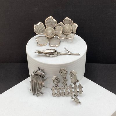 LOT 11: Silver Tone Vintage Brooch / Pin Collection - Dodds 11 West 30th St. Circa 1950's, JJ, Pewter and More