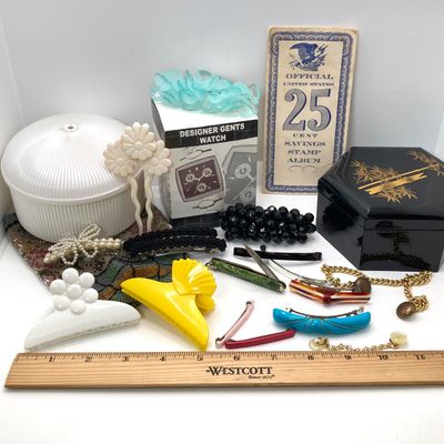 LOT 29: Vintage This and That - Designer Watch in Original Box, Black Lacquer Trinket Boxes, Savings Stamp Album, Hair Barettes, Beaded...