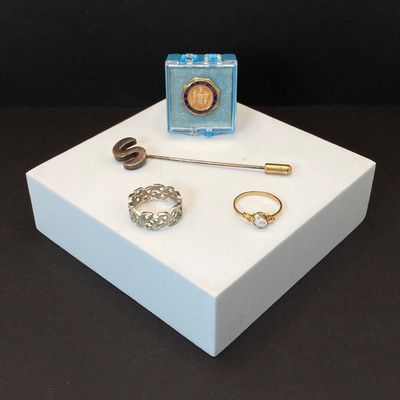 LOT 103: Vintage Jewelry - Gold Filled State of New Jersey 5 Years Service Pin, Stick Pin and Two Rings