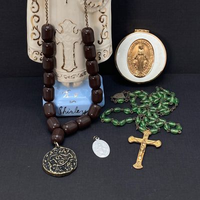 LOT 20: Vintage Religious Collection - Personalized Statue, Rosary Beads, Worry Beads and More