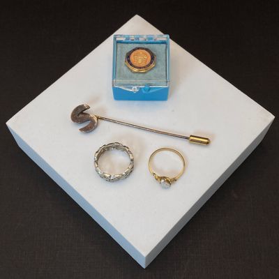 LOT 103: Vintage Jewelry - Gold Filled State of New Jersey 5 Years Service Pin, Stick Pin and Two Rings