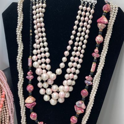 LOT 26: Vintage Faux Pearls, Pink Beaded Jewelry and More