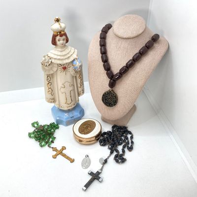 LOT 20: Vintage Religious Collection - Personalized Statue, Rosary Beads, Worry Beads and More