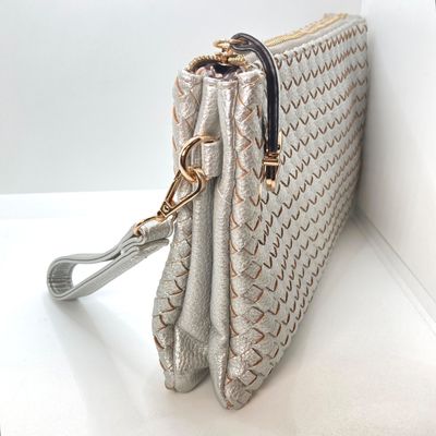 LOT 117: Silver Woven Faux Leather Clutch / Crossbody Bag with Wrist Strap
