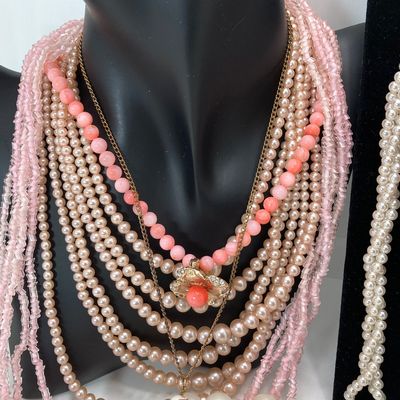 LOT 26: Vintage Faux Pearls, Pink Beaded Jewelry and More