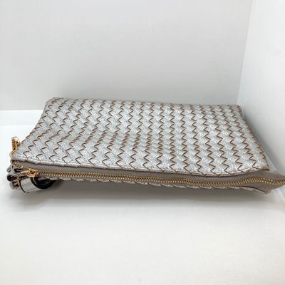 LOT 117: Silver Woven Faux Leather Clutch / Crossbody Bag with Wrist Strap