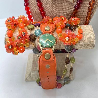 LOT 28: Vintage Lovely Line Green Watch with Orange Band, Statement Star Choker Necklace, Western Germany Graduated Color Beads and More