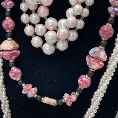LOT 26: Vintage Faux Pearls, Pink Beaded Jewelry and More