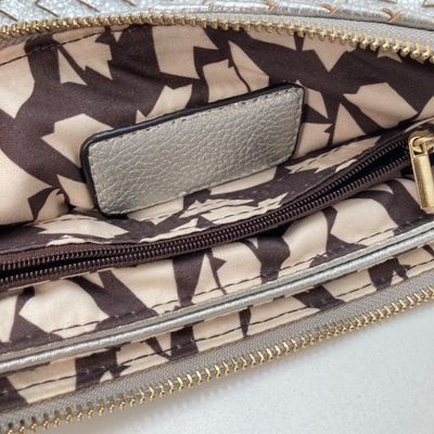 LOT 117: Silver Woven Faux Leather Clutch / Crossbody Bag with Wrist Strap