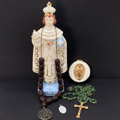 LOT 20: Vintage Religious Collection - Personalized Statue, Rosary Beads, Worry Beads and More