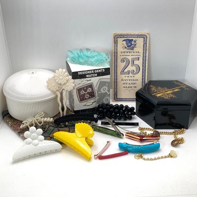 LOT 29: Vintage This and That - Designer Watch in Original Box, Black Lacquer Trinket Boxes, Savings Stamp Album, Hair Barettes, Beaded...