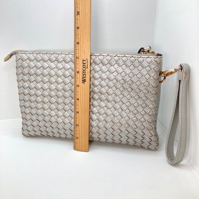 LOT 117: Silver Woven Faux Leather Clutch / Crossbody Bag with Wrist Strap