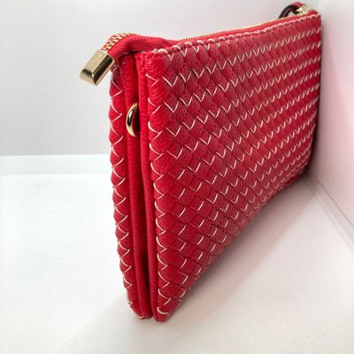 LOT 118: Red Woven Faux Leather Clutch / Crossbody Bag with Wrist Strap