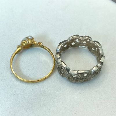LOT 103: Vintage Jewelry - Gold Filled State of New Jersey 5 Years Service Pin, Stick Pin and Two Rings