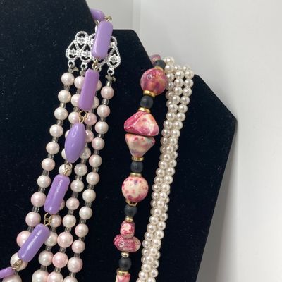LOT 26: Vintage Faux Pearls, Pink Beaded Jewelry and More