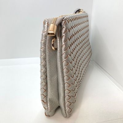 LOT 117: Silver Woven Faux Leather Clutch / Crossbody Bag with Wrist Strap
