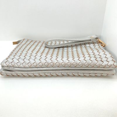 LOT 117: Silver Woven Faux Leather Clutch / Crossbody Bag with Wrist Strap