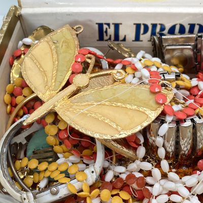 LOT 25: Vintage El Producto Box filled with Craft Jewelry and More