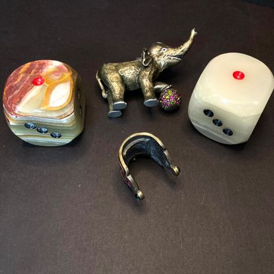 LOT 110: NyForm - The Original Trolls, Jay Strongwater Elephant, Onyx Dice and More
