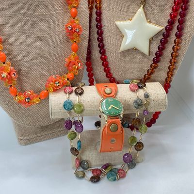 LOT 28: Vintage Lovely Line Green Watch with Orange Band, Statement Star Choker Necklace, Western Germany Graduated Color Beads and More