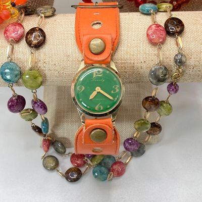 LOT 28: Vintage Lovely Line Green Watch with Orange Band, Statement Star Choker Necklace, Western Germany Graduated Color Beads and More