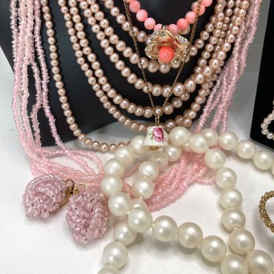 LOT 26: Vintage Faux Pearls, Pink Beaded Jewelry and More