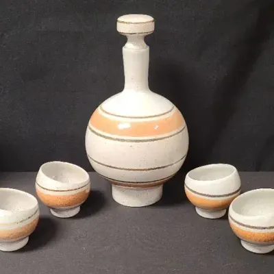 MCM Petite Pottery  Decanter With Cups - Perfect For Serving Sake & More 