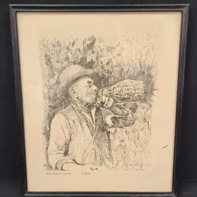 Signed Ric Riccardo, Pen and Ink Drawing "Italian Vendemmia"