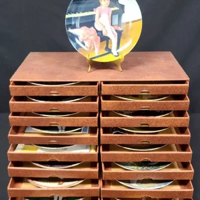 Vintage Cardboard Collector Plate Storage Cabinet with Individual Slide-Out Tray