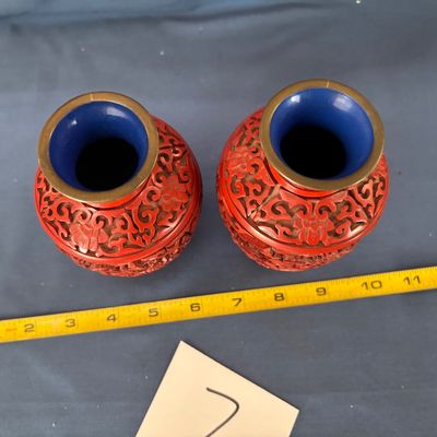 Vintage Chanese Cinnabar Vase - Hand Carved Blue Enamel Red Cinnabar Oriental Set